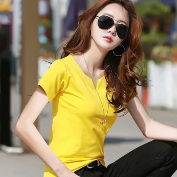 2023 Нови дамски ризи, тениски от 100% памук, дамски лятна модна тениска с V-образно деколте и къс ръкав, дамски риза в корейски стил