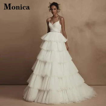 MONICA Класически ламинирани сватбени рокли за жени на спагети презрамки с V-образно деколте и с отворен гръб, без ръкави, Vestidos De Новия, сшитое по поръчка