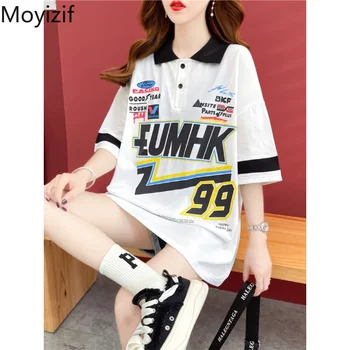 Moyizif/ Дамски тениски с писмото принтом, Свободна ежедневна Елегантна риза в Корейски стил, Реколта тениска 2023, Лятна дамски дрехи