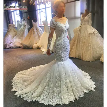 Дизайн на сватбената рокля на Русалка Amanda Novias, истинската работа, пълен сватбен грим мъниста