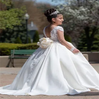Елегантни бели сватбени рокли с аппликацией на врата за момичета в цветенце, дантелени рокли с дълги ръкави и отворен гръб за първо причастие от 2 до 14 години