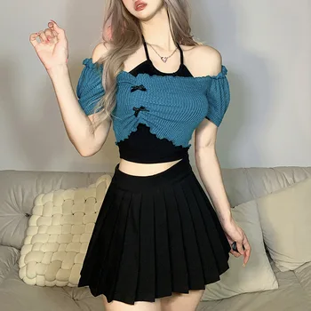 Жена летен кратък топ в корейски стил, комплект от две части, тениски на бретелях и плиссированная тениска с открити рамене и пищни ръкави, ежедневни дамски дрехи