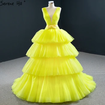 Жълти вечерни рокли от Тюл с V-образно деколте, секси няколко нива, вечерни рокли от тюл, Фотография 2023, вечерна рокля без ръкави с дантела Serene Hill HM67154
