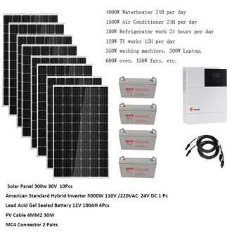 Комплект слънчев Панел В Комплект 5000 W 5 кВт 220 и 110 В Соларен Панел 300 W Хибриден Инвертор MPPT Чиста Синусоидальная Оловно-Кисели Батерии Слънчевата Система
