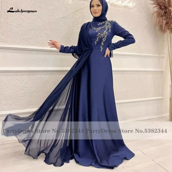 Лакшмигаун Елегантна мюсюлманската рокля за парти Вечерни рокли 2023, Расшитое мъниста Празнична рокля, Дамски тъмно сини Официални сватбени рокли
