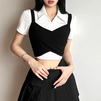 Модерен женски летен кратък топ, комплект от две части, бяла тениска с отложным яка и черни върхове на бретелях в корейски стил, женски дрешки
