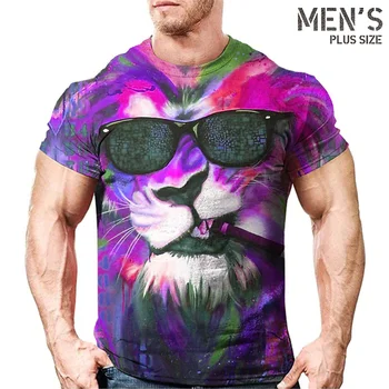 Мъжки t-shirt Street Lion Graphic Животните с кръгло деколте и 3D принтом, големи размери, ежедневни ежедневни тениска с къс ръкав 2023, основният мъжки дрехи, топ