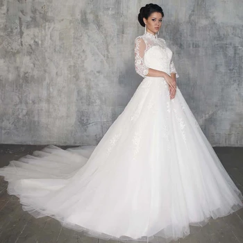 Най-новите специални сватбени рокли принцеса, женствена рокля трапецовидна форма с високо воротом и къс ръкав, Апликация, бели сватбени рокли Vestidos Blancos