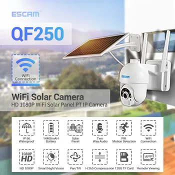 Облачное хранилище ESCAM QF250 1080P, Wi-Fi Батерия, PIR-аларма, куполна IP камера със слънчев панел, пълноцветно нощно виждане, двупосочна аудио