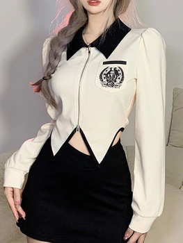 Риза с къси ръкави в елегантен стил, дамски пролетно-есенна универсална тениска с цип дълъг ръкав, корейски модерен секси прост уличен съкратен топ