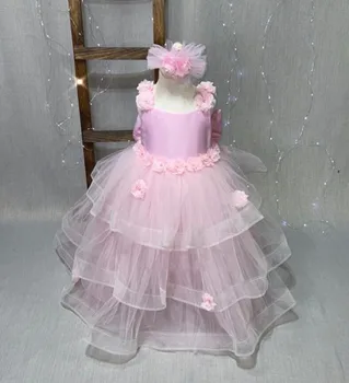 Розова рокля ръчна изработка от цветя модел за момичета, детски рокля за сватбени партита, бална рокля от тюл с 3D цветя, рокли за момичета на рожден ден, детски размери от 1 до 14 години