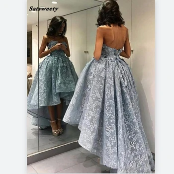 Сатсвити 2023, модерно късо елегантно светло синя бална рокля с открити рамене, къса рокля за абитуриентски бал за младоженци