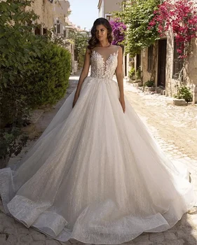 Сватбена рокля с изящна дантела аппликацией с V-образно деколте, прозрачни горловина, струята, Блестящо сватбена рокля на принцеса, Vestido De Casamento