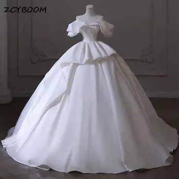 Сватбена рокля с открити рамене и с къси ръкави в стил сладка принцеса 2023, атласное бална рокля дантела отзад, Шаферски рокли, Vestidos De Новия