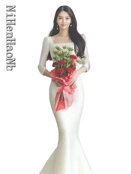 Сватбена рокля с риба опашка, сватбената рокля на булката, атласное пътни настилки снимка, за отслабване, корейски задна светлина