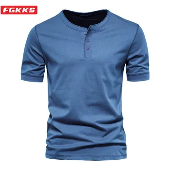 Тениска FGKKS с яка Хенри, мъжки ежедневни однотонная тениска с къс ръкав за мъже, есенни мъжки тениски от 100% памук с високо качество