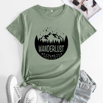 Тениска Wanderlust Mountain And Forest, эстетичная тениска за къмпинг в стил бохо, реколта женска тениска за приключения на открито, топ за разходки