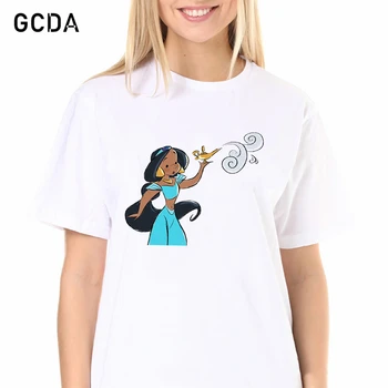 Тениска с принтом сладка принцеса на Дисни Жасмин, сладък тениска с анимационни герои, женска тениска с къс ръкав, ежедневни бели блузи за момичета, нова лятна тениска