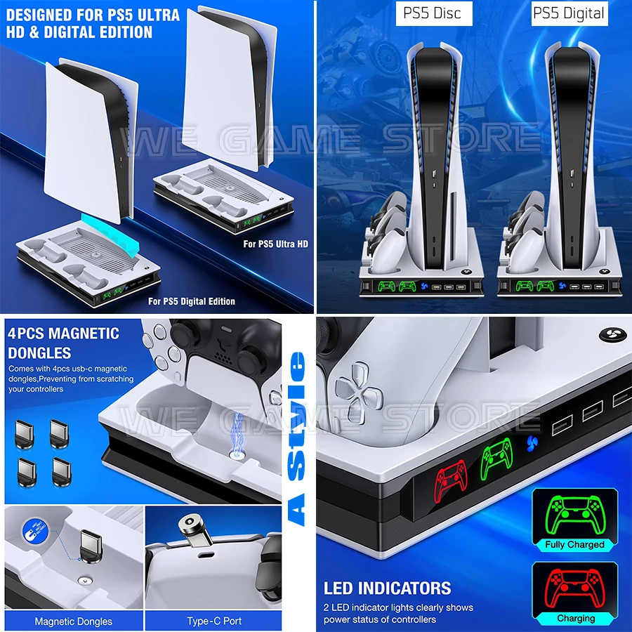 Универсална многофункционална поставка PS5, док-станция за зареждане на геймпада, охлаждащ вентилатор, поддръжка на игрални конзоли Sony Playstation 5, аксесоари