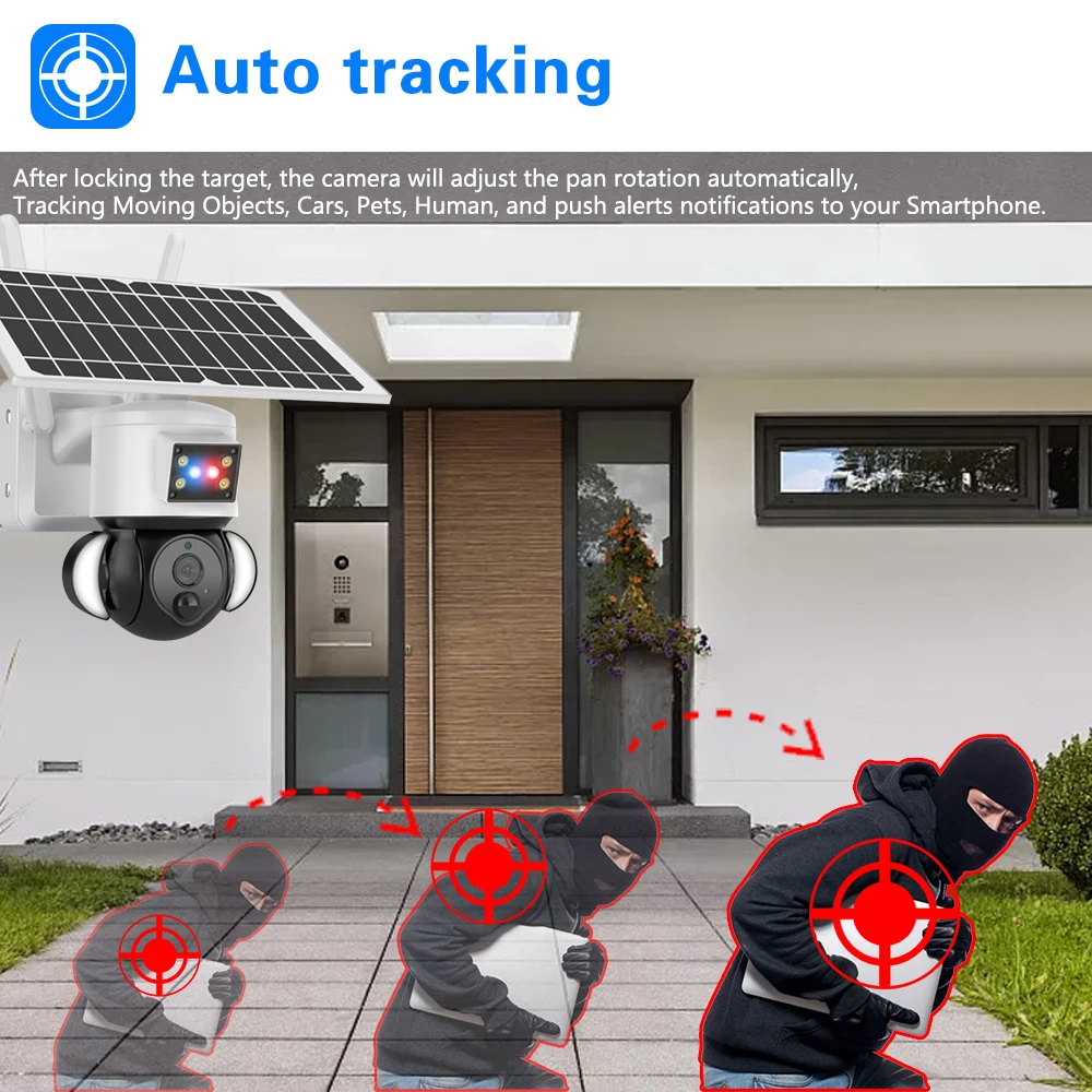 4MP 4G Камера Външна камера за видеонаблюдение се захранва от слънчева батерия, PTZ Smart Home Security ПР Kamera UBox App